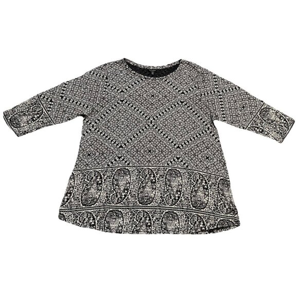 Lucky Brand Black & White Knit Shirt 2X Soft Boho 3/4 Sleeve Paisley Geometric - Picture 2 of 11